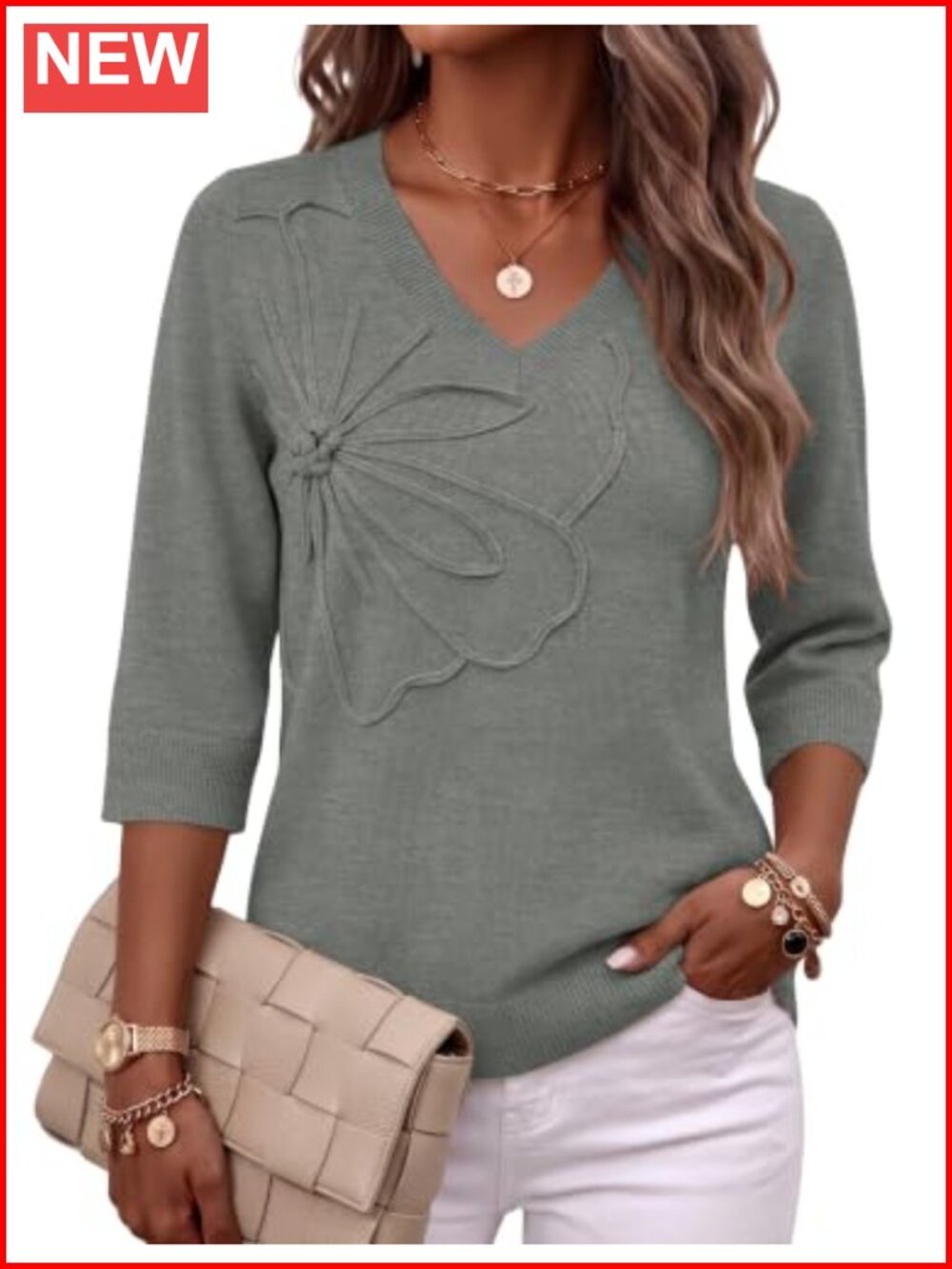 Womens V Neck 3/4 Sleeve Sweater 3D Floral Knit Pullover Top